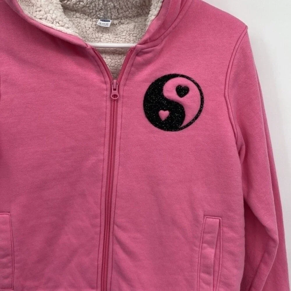 Old Navy Yin Yang Girls Pink Sherpa Lined Sweatshirt Hoodie XL 14-16 Thumb Holes